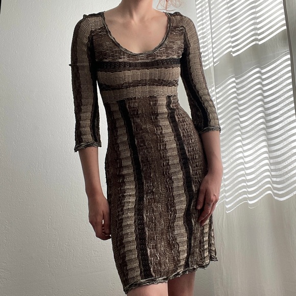 INC International Concepts Dresses & Skirts - INC Brown Striped Stretchy Knitwear Knee Length Dress